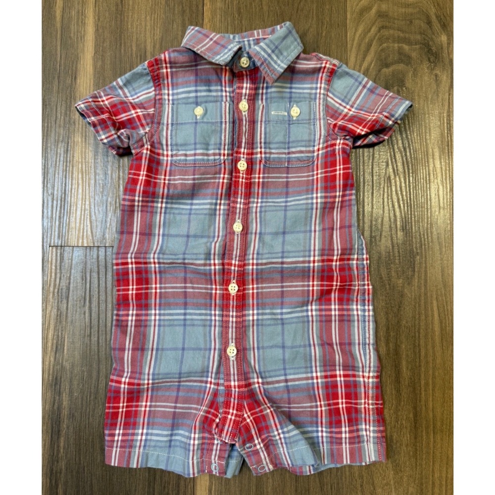 Ralph Lauren Boys‎ Plaid Romper Short Sleeve 6 Month Blue Red Preppy Classic